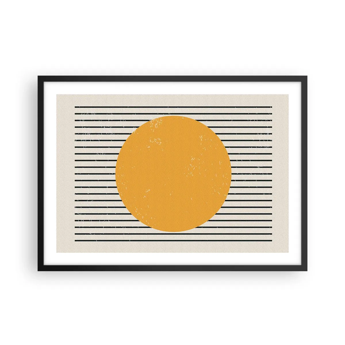 Poster in einem schwarzem Rahmen - Ein gelber Kreis auf einem Hintergrund aus schwarzen und weißen horizontalen Linien - 70x50cm - Die Kraft der Einfachheit - Moderne Wanddekoration für Wohnzimmer und Schlafzimmer ARTTOR