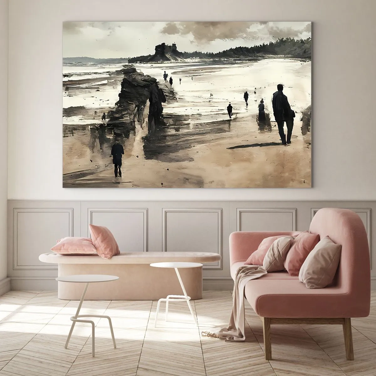 Glasbild - Bild auf glas - Silhouetten, die unter einem bewölkten Himmel an einem breiten Strand spazieren - 120x80cm - Einberufen - Moderne Wanddekoration für Wohnzimmer und Schlafzimmer ARTTOR