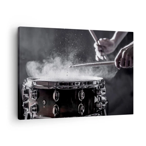 Bild auf Leinwand - Leinwandbild - Schlagen der Snare Drum mit Sticks mit Staubeffekt - 70x50cm - Der Puls der Musik - Moderne Wanddekoration für Wohnzimmer und Schlafzimmer ARTTOR