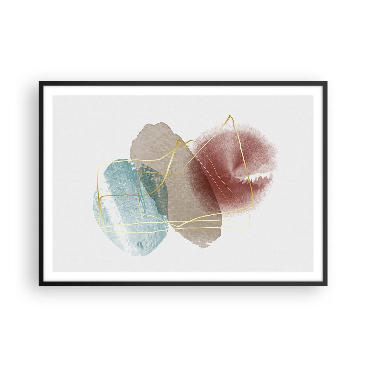 Poster in einem schwarzem Rahmen - Abstrakte Formen mit zarten Farben und goldenen Linien - 100x70cm - Korallen des Weltraums - Moderne Wanddekoration für Wohnzimmer und Schlafzimmer ARTTOR