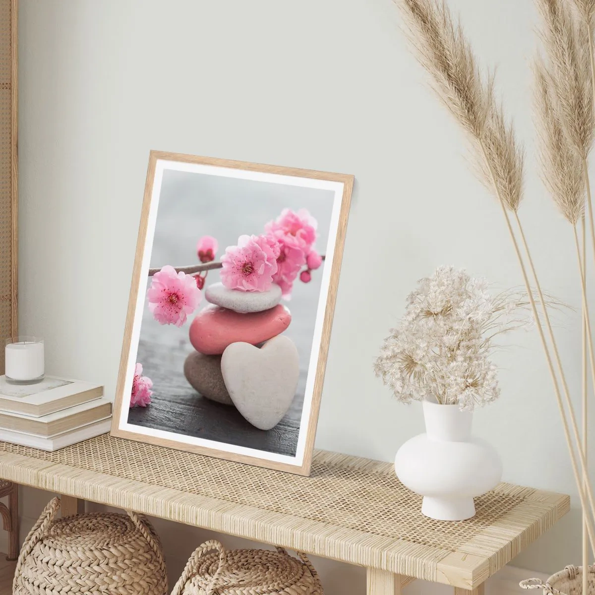Poster in einem Rahmen aus heller Eiche - Glückseligkeit mit einer Kirschblüte - 70x100 cm