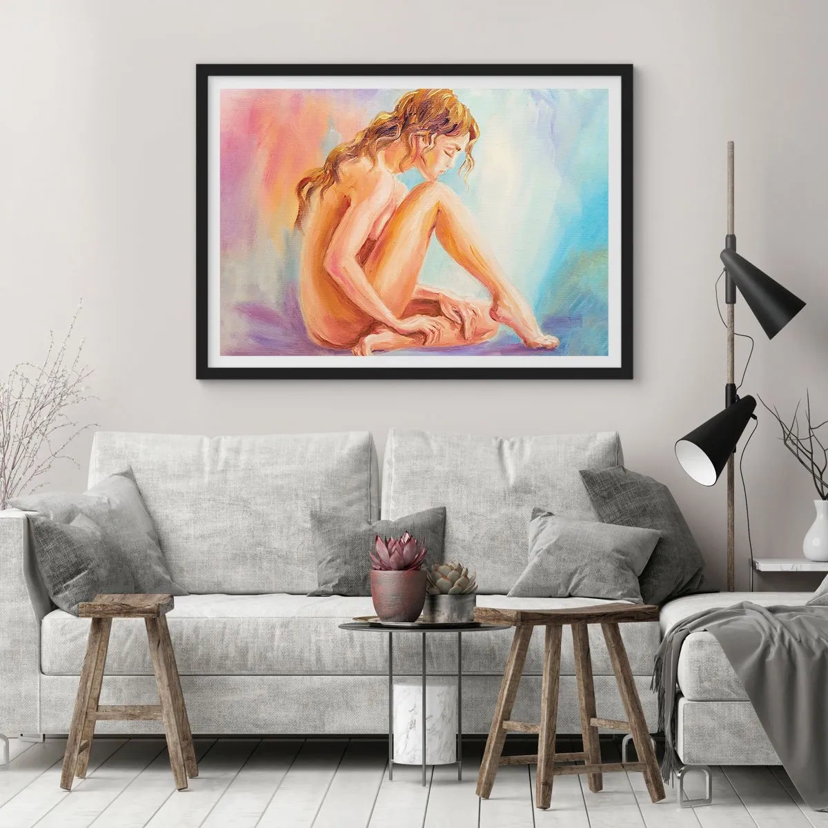 Poster in einem schwarzem Rahmen - Eine zarte Figur einer Frau auf einem pastellfarbenen Hintergrund - 100x70cm - Akt der Jugend - Moderne Wanddekoration für Wohnzimmer und Schlafzimmer ARTTOR