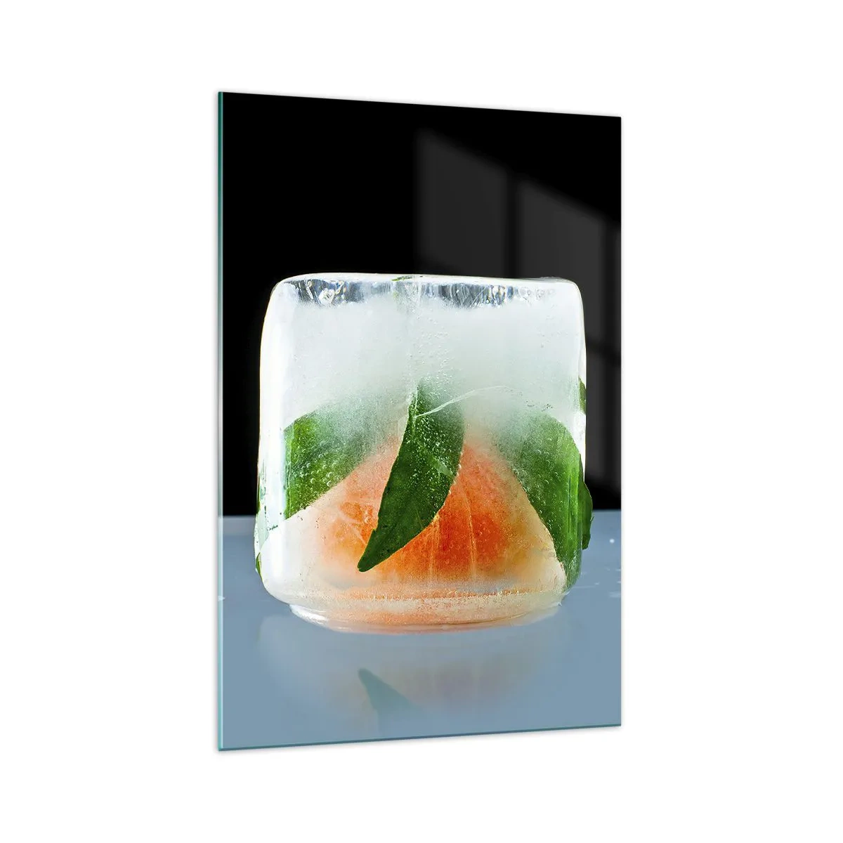 Glasbild - Bild auf glas - Eiswürfel mit Orange und Blättern - 70x100cm - Frisch und kühl - Moderne Wanddekoration für Wohnzimmer und Schlafzimmer ARTTOR