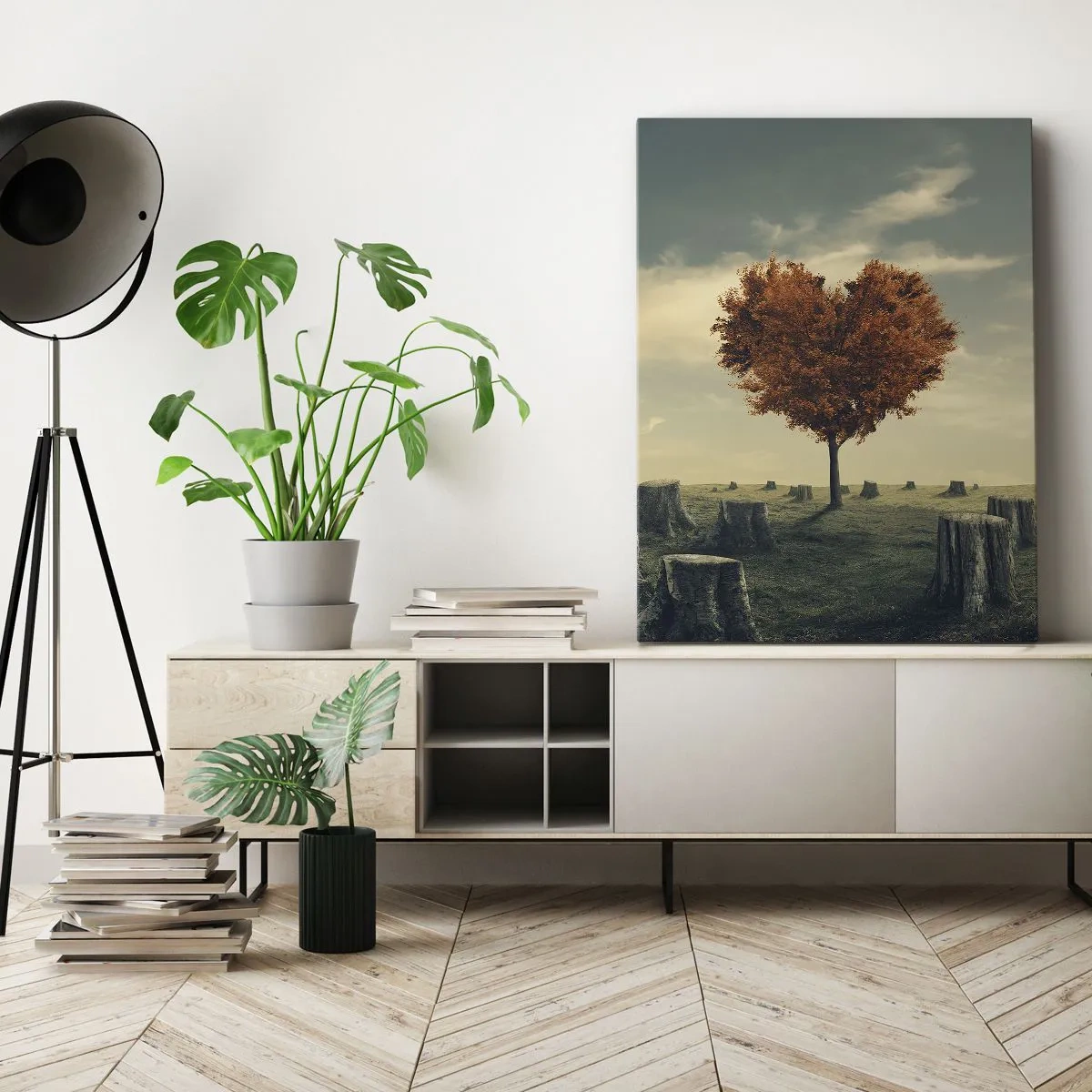 Bild auf Leinwand - Leinwandbild - Ein herzförmiger Baum in einem Feld aus Baumstümpfen, ein Symbol der Hoffnung - 50x70cm - Es gibt noch Hoffnung - Moderne Wanddekoration für Wohnzimmer und Schlafzimmer ARTTOR