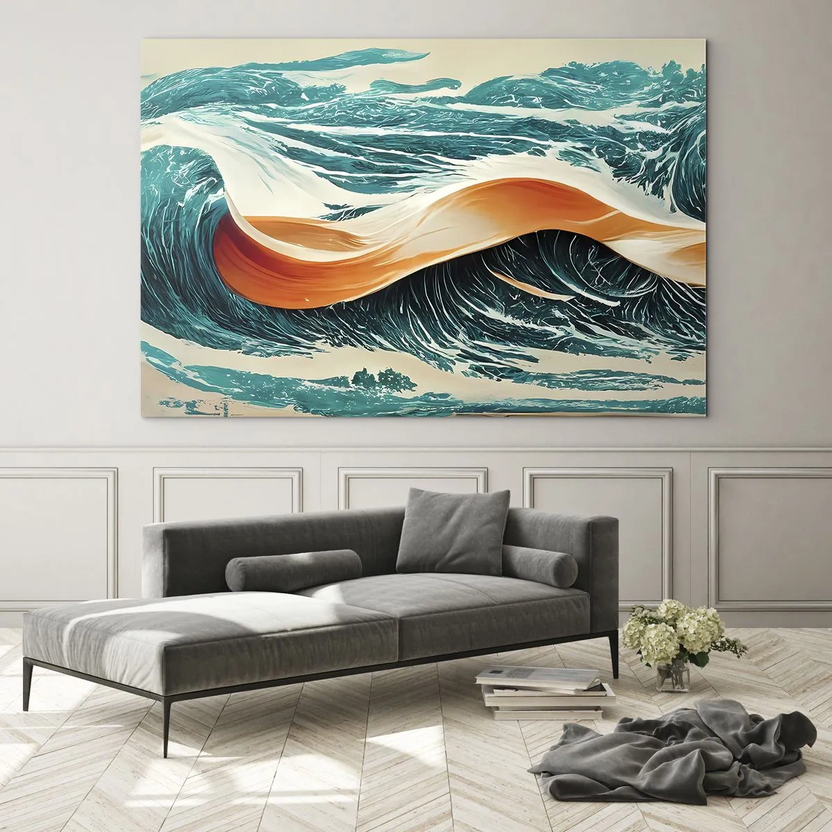 Glasbild - Bild auf glas - Türkisfarbene Wellen mit orangefarbenem Band im surrealen Stil - 70x50cm - Traum eines Surfers - Moderne Wanddekoration für Wohnzimmer und Schlafzimmer ARTTOR