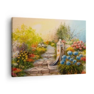 Bild auf Leinwand - Leinwandbild - Ein malerischer Garten mit einem Brunnen und bunten Blumen - 70x50cm - In voller Blüte - Moderne Wanddekoration für Wohnzimmer und Schlafzimmer ARTTOR