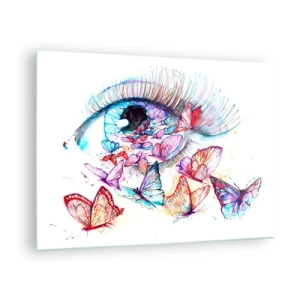 Glasbild - Bild auf glas - Das Auge einer Frau, umgeben von bunten Aquarellschmetterlingen - 70x50cm - Märchenhafter Augenzauber - Moderne Wanddekoration für Wohnzimmer und Schlafzimmer ARTTOR