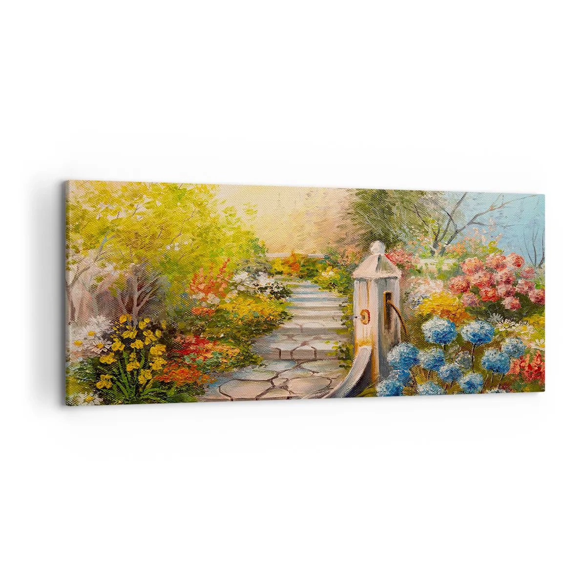 Bild auf Leinwand - Leinwandbild - Ein malerischer Garten mit einem Brunnen und bunten Blumen - 120x50cm - In voller Blüte - Moderne Wanddekoration für Wohnzimmer und Schlafzimmer ARTTOR