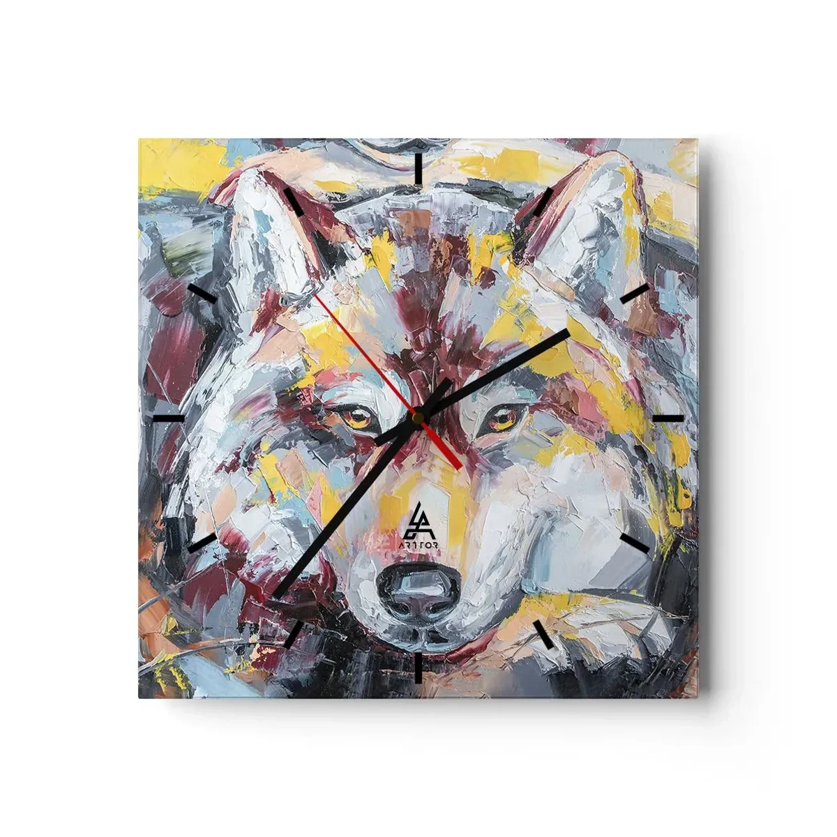 Wanduhr - Glasuhr - Künstlerisches Wolfsportrait in intensiven Farben - 30x30cm - Seelenfrieden unter den Lieben - Moderne Wanddekoration für Wohnzimmer und Schlafzimmer ARTTOR