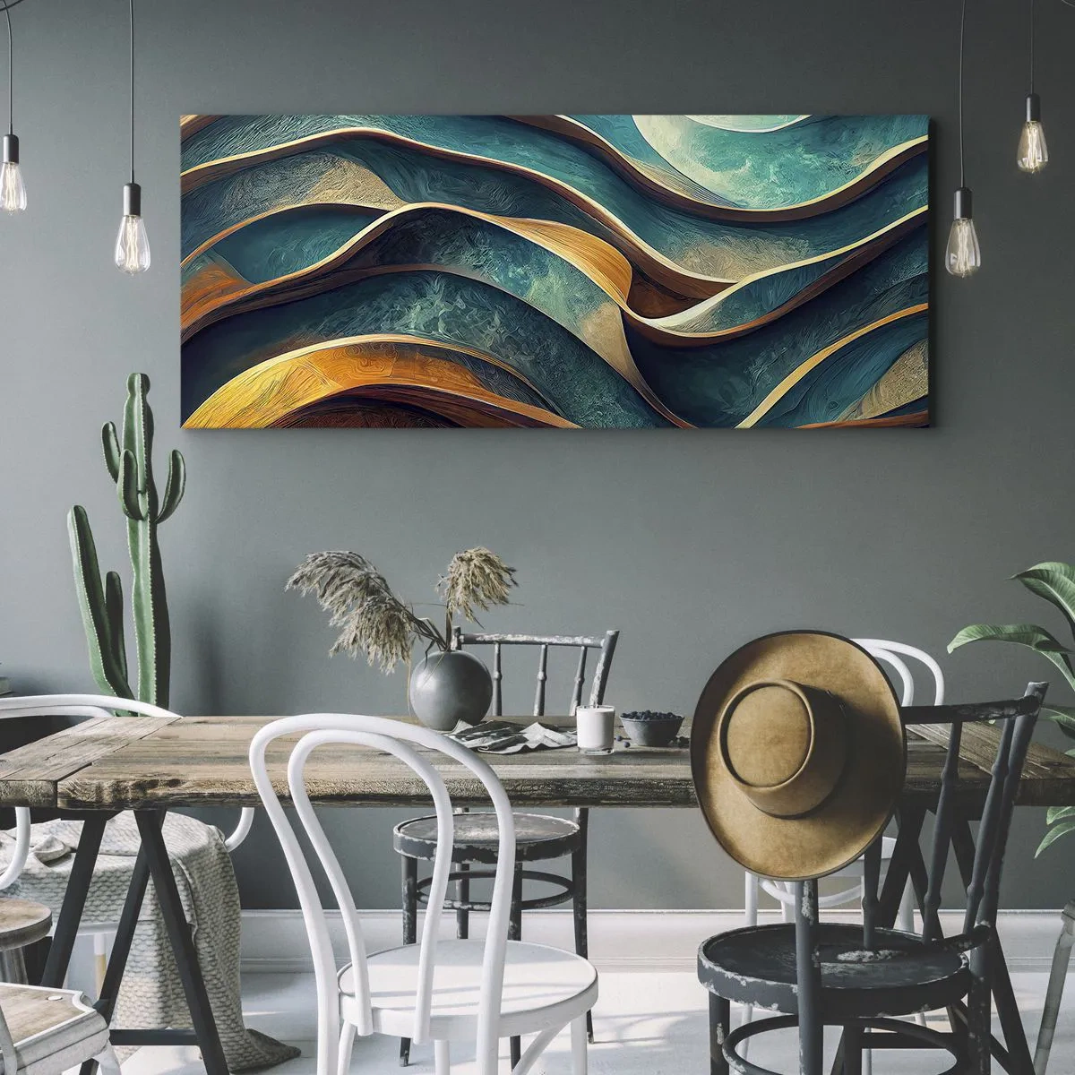 Bild auf Leinwand - Leinwandbild - Abstrakte Wellen in Türkis- und Goldtönen - 140x50cm - Blaue Mäander - Moderne Wanddekoration für Wohnzimmer und Schlafzimmer ARTTOR