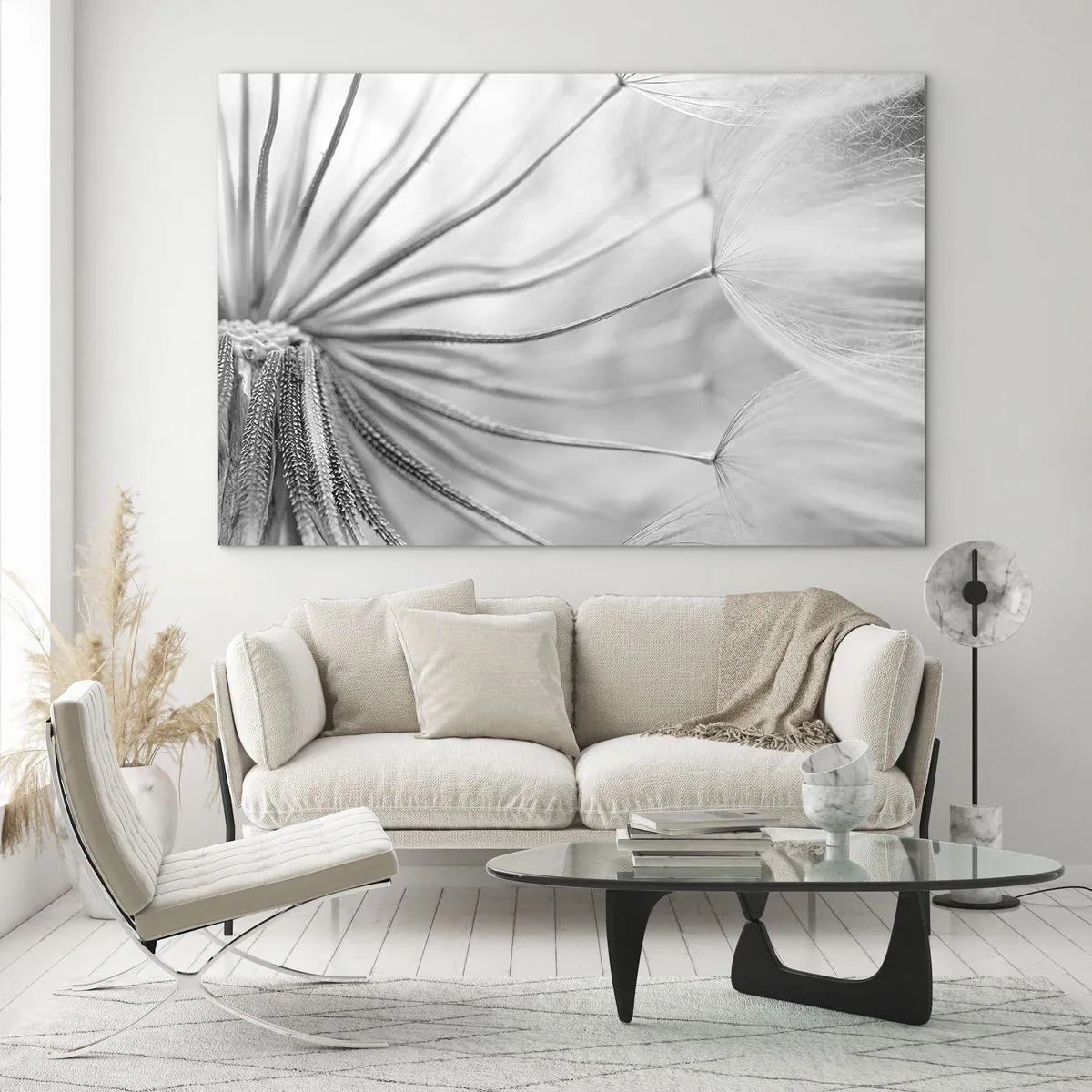 Glasbild - Bild auf glas - Makrofotografie eines Löwenzahns in Schwarz-Weiß-Tönen - 70x50cm - Löwenzahn, Drachen - Moderne Wanddekoration für Wohnzimmer und Schlafzimmer ARTTOR