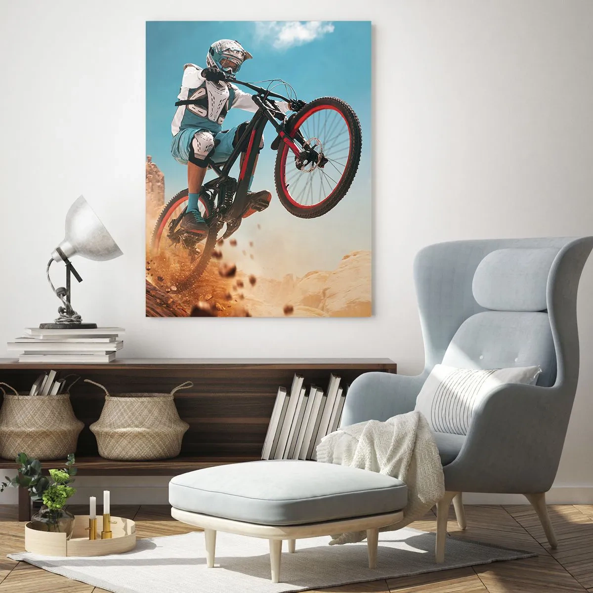 Glasbild - Bild auf glas - Ein Mountainbiker macht einen Sprung vor einer Felskulisse - 70x100cm - Fahrrad-Wahnsinn-Dämon - Moderne Wanddekoration für Wohnzimmer und Schlafzimmer ARTTOR