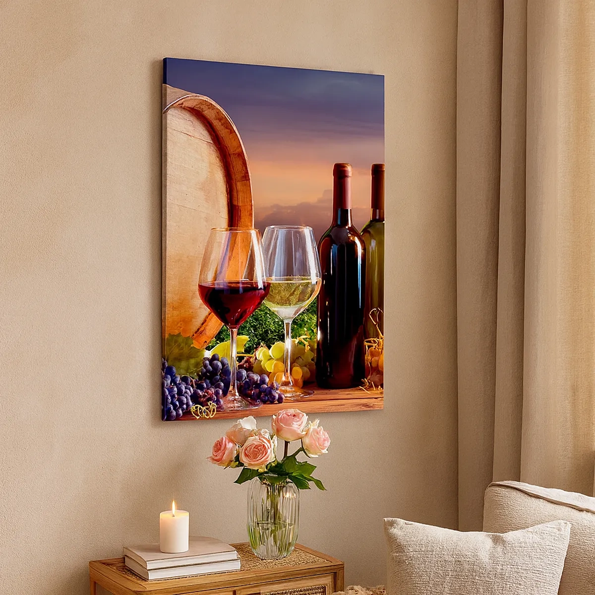 Bild auf Leinwand - Leinwandbild - Wein, Gläser und ein Fass in einer malerischen Landschaft - 50x70cm - Hier schmeckt das Leben - Moderne Wanddekoration für Wohnzimmer und Schlafzimmer ARTTOR