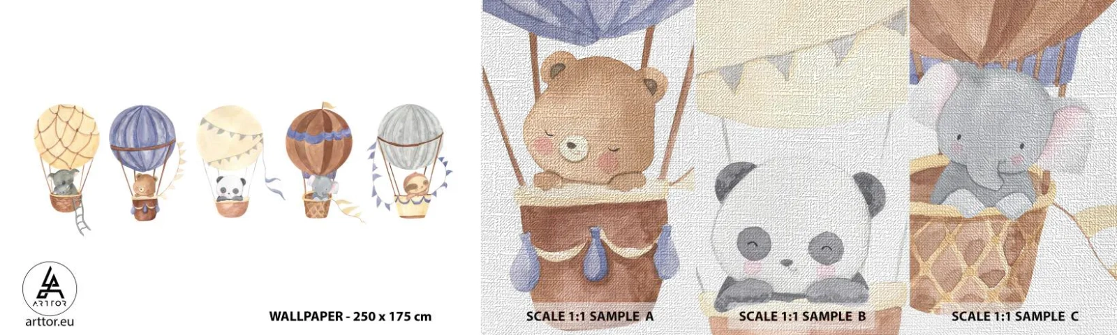 Fototapeten Muster Premium Canvas - Freunde auf Reise - Luftballons, Tiere, Kinder - 100x30 cm