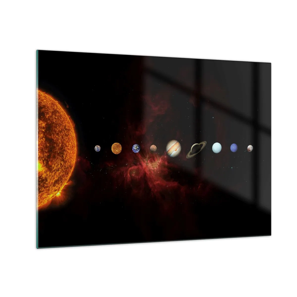Glasbild - Bild auf glas - Planetensystem mit der Sonne auf schwarzem Hintergrund - 70x50cm - Unsere Nachbarschaft - Moderne Wanddekoration für Wohnzimmer und Schlafzimmer ARTTOR