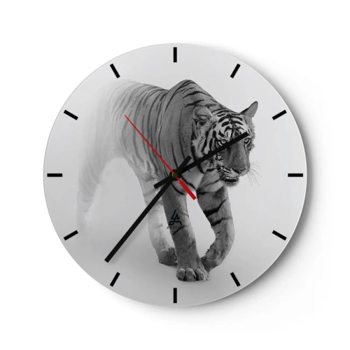 Wanduhr - Glasuhr - Realistischer Tiger im monochromen Stil auf weißem Hintergrund - 30x30cm - Im Nebel gelauert - Moderne Wanddekoration für Wohnzimmer, Küche und Schlafzimmer ARTTOR