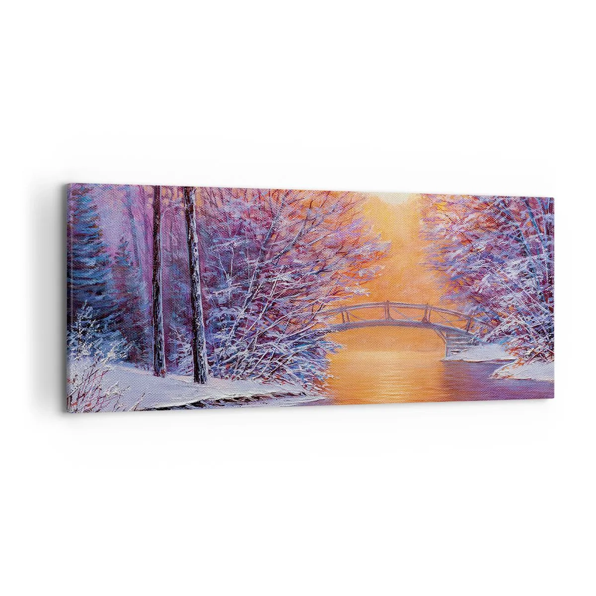Bild auf Leinwand - Leinwandbild - Winterlandschaft mit Brücke und Sonnenuntergang - 120x50cm - Treffen wir uns hier - Moderne Wanddekoration für Wohnzimmer und Schlafzimmer ARTTOR