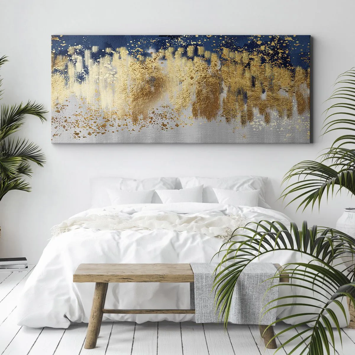 Bild auf Leinwand - Leinwandbild - Eine abstrakte Komposition in Gold- und Marineblautönen. - 140x50cm - Moderne Komposition mit Glanz - Moderne Wanddekoration für Wohnzimmer und Schlafzimmer ARTTOR
