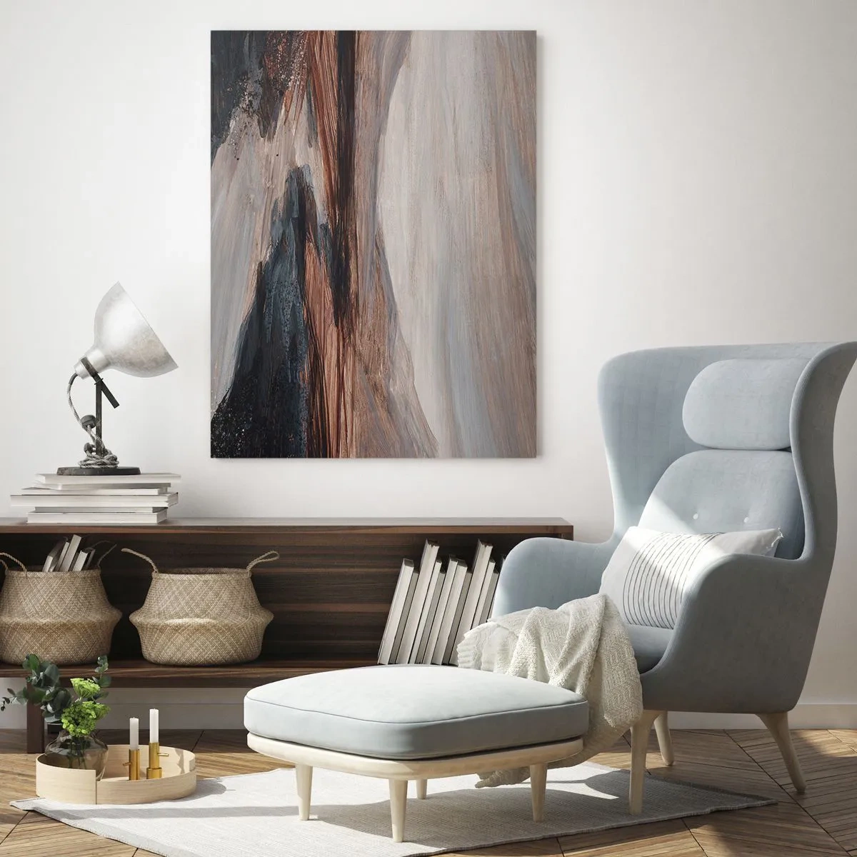 Glasbild - Bild auf glas - Ein malerisches Tal mit einem Fluss in Braun- und Blautönen - 50x70cm - Ruhiges Tal - Moderne Wanddekoration für Wohnzimmer und Schlafzimmer ARTTOR