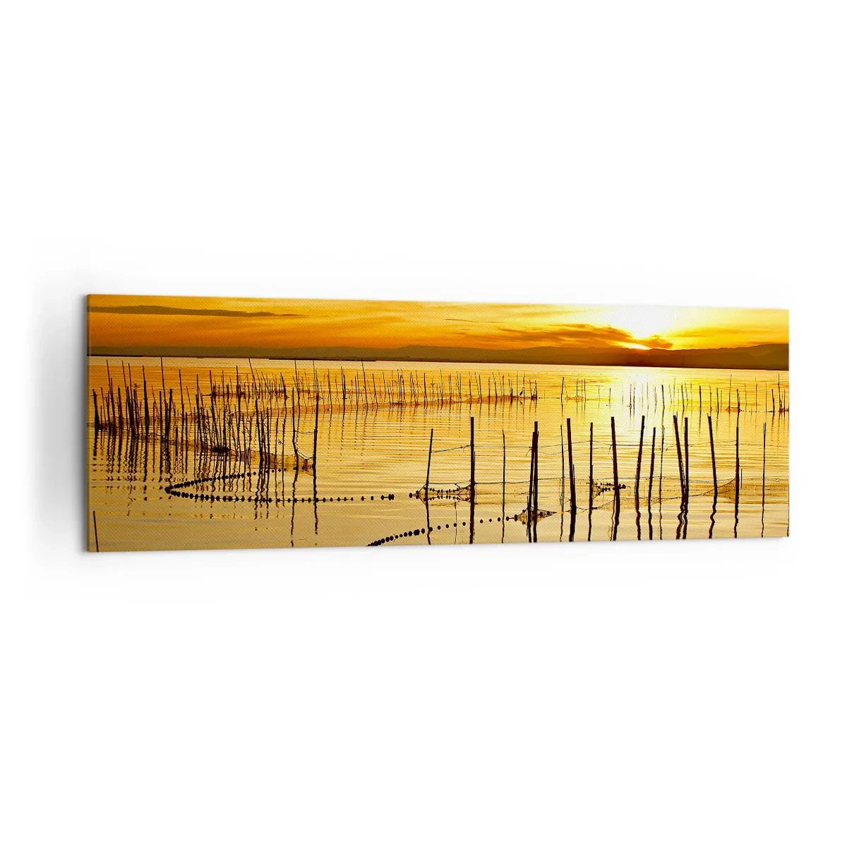 Bild auf Leinwand - Leinwandbild - Sonnenuntergang über dem Wasser mit Vögeln im Flug - 160x50cm - In der Fischerei - Moderne Wanddekoration für Wohnzimmer und Schlafzimmer ARTTOR