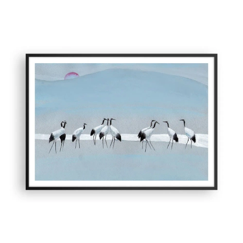 Poster in einem schwarzem Rahmen - Eine Gruppe von Kranichen vor blauem Himmel und der aufgehenden Sonne - 100x70cm - Nach einem heißen Tag - Moderne Wanddekoration für Wohnzimmer und Schlafzimmer ARTTOR