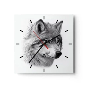 Wanduhr - Glasuhr - Ein realistisches Porträt eines Wolfes in Grautönen. - 30x30cm - Alpha – ohne Zweifel - Moderne Wanddekoration für Wohnzimmer und Schlafzimmer ARTTOR