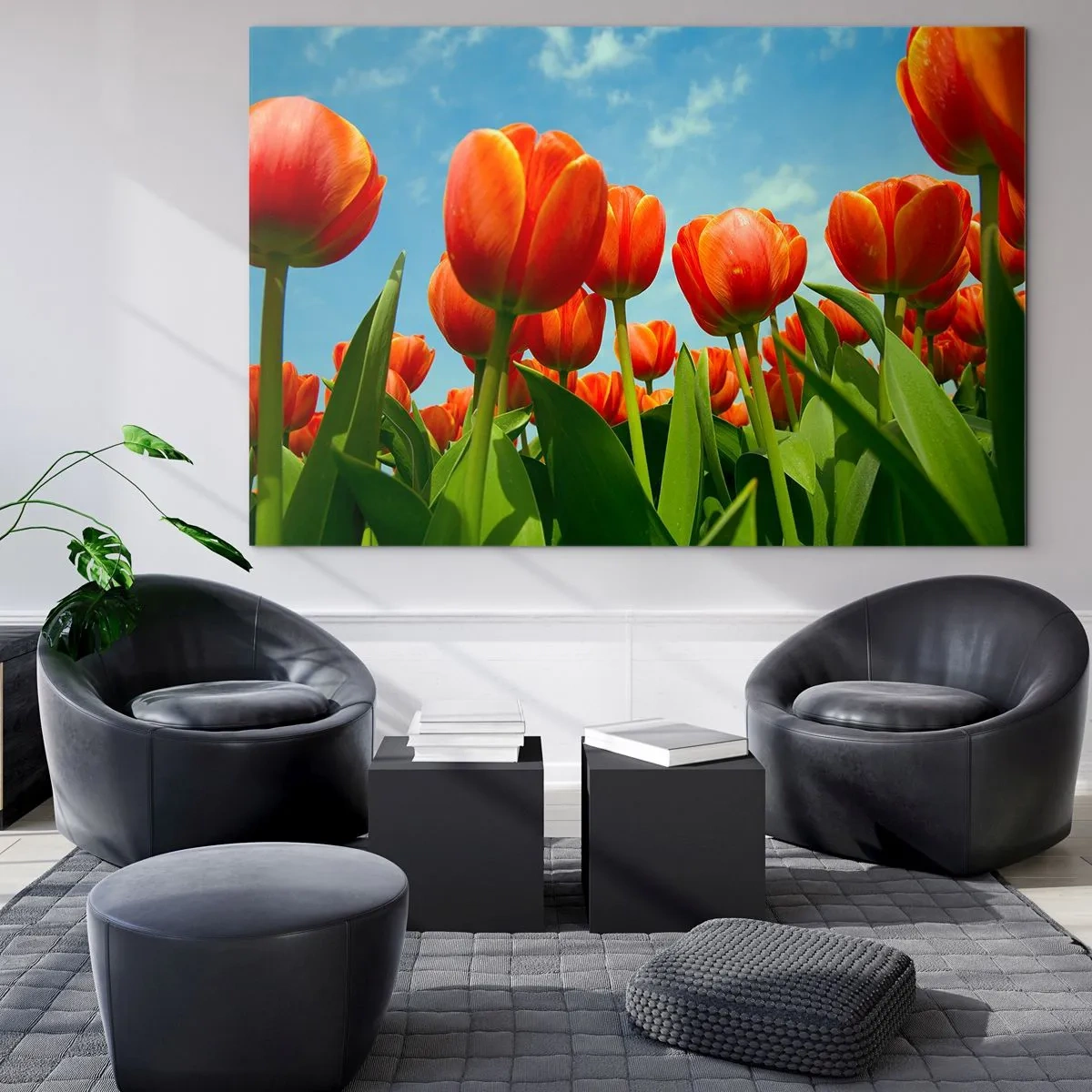 Glasbild - Bild auf glas - Ein Feld mit roten Tulpen unter blauem Himmel - 70x50cm - Außer dem blauen Himmel brauchen sie nichts in ihrem Leben - Moderne Wanddekoration für Wohnzimmer und Schlafzimmer ARTTOR