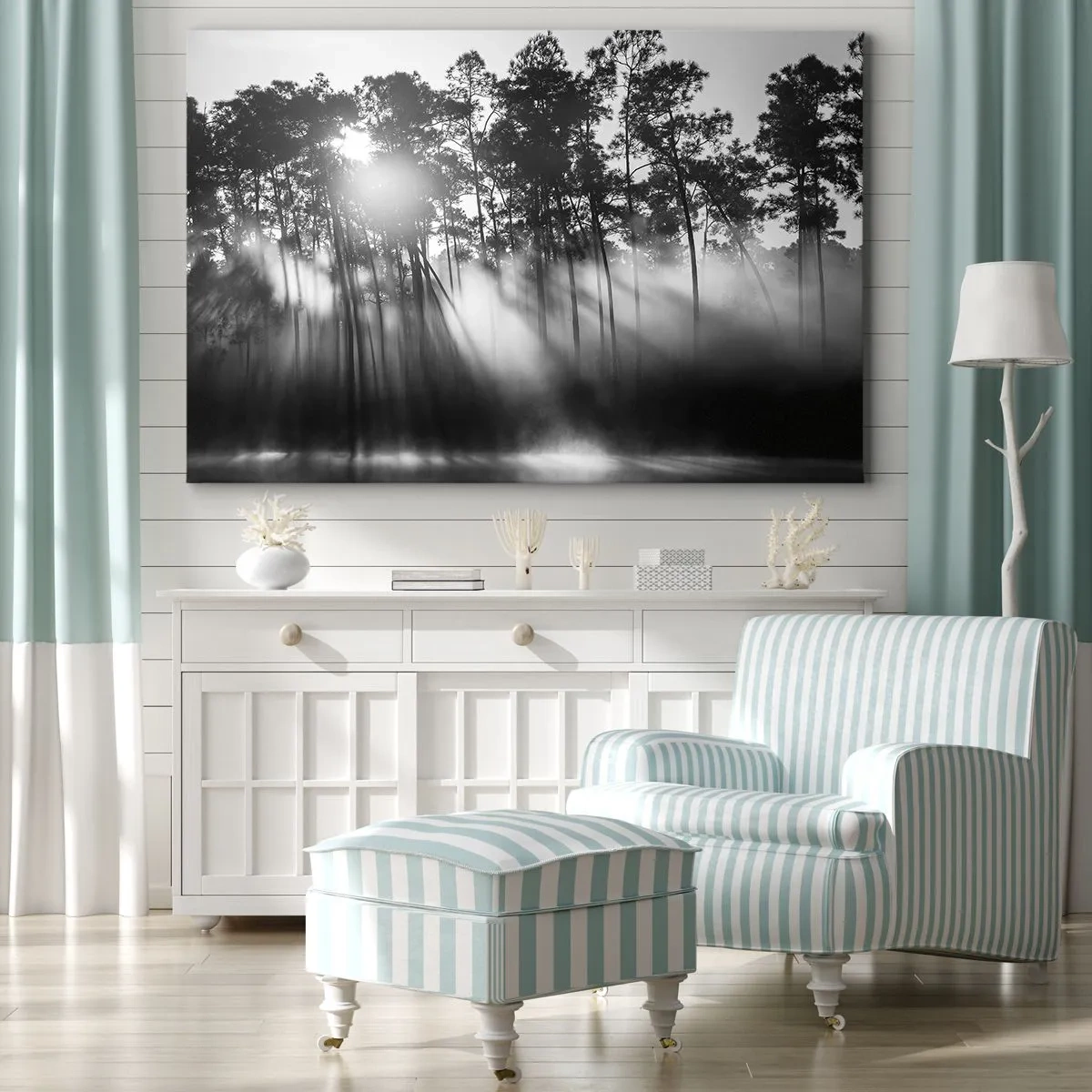 Bild auf Leinwand - Leinwandbild - Schwarz-weißer Wald im Morgennebel - 120x80cm - Unaufhaltsame Sonne - Moderne Wanddekoration für Wohnzimmer und Schlafzimmer ARTTOR