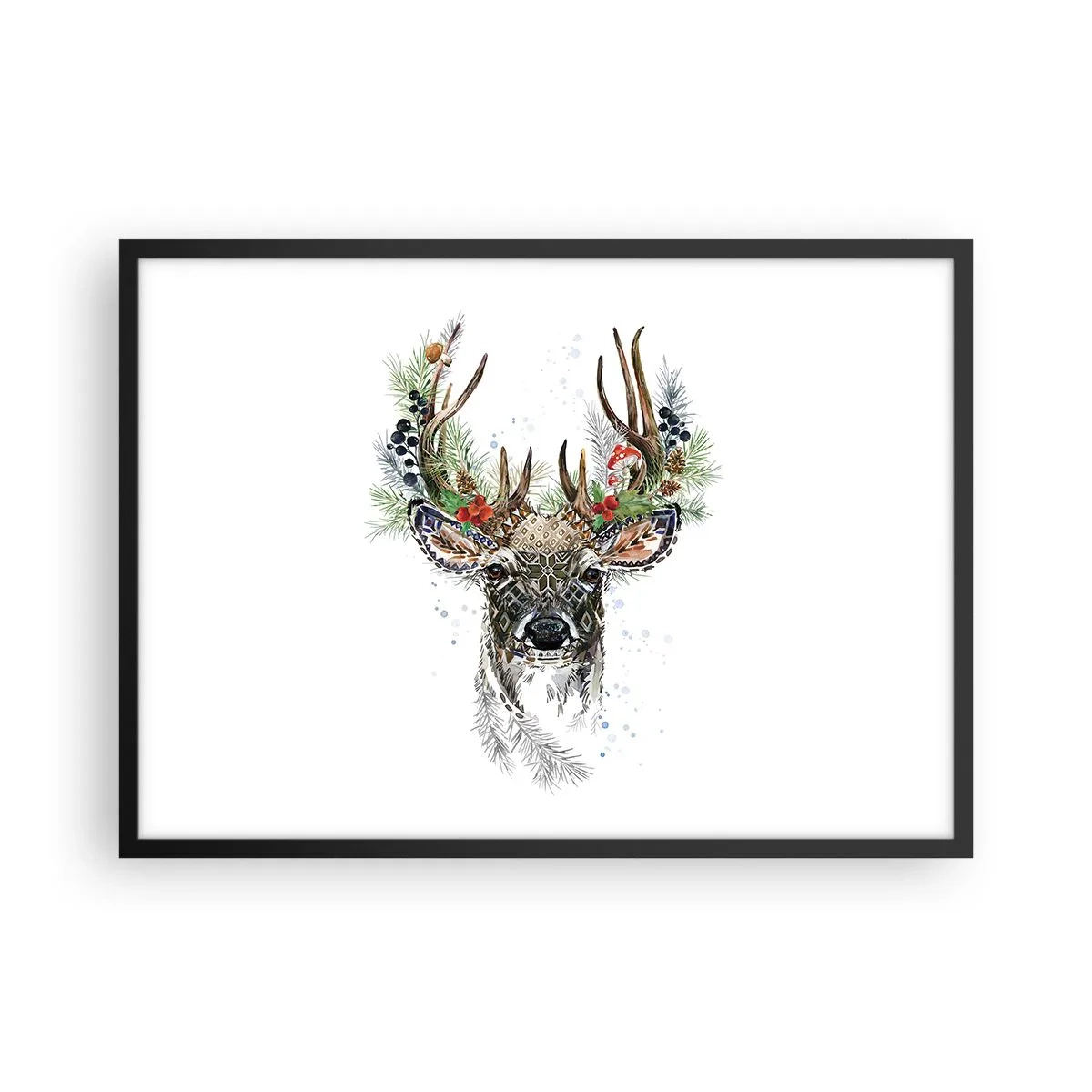 Poster in einem schwarzem Rahmen - Stilisierter Hirsch mit dekorativem Geweih auf weißem Hintergrund - 70x50cm - Im festlichen Gewand - Moderne Wanddekoration für Wohnzimmer und Schlafzimmer ARTTOR
