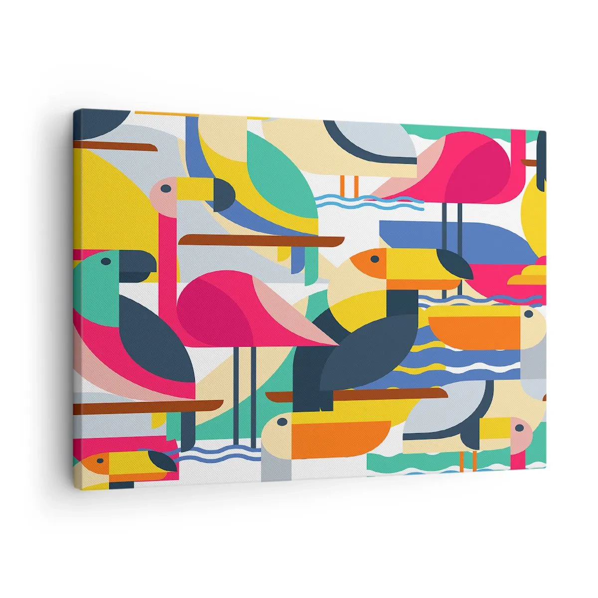 Bild auf Leinwand - Leinwandbild - Bunte Vögel in einer abstrakten, geometrischen Komposition - 70x50cm - Vogelparty - Moderne Wanddekoration für Wohnzimmer und Schlafzimmer ARTTOR