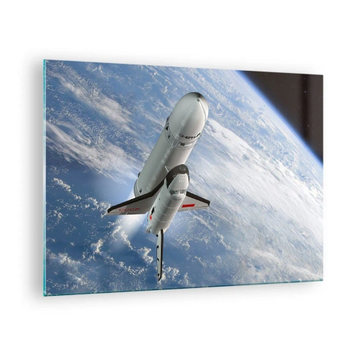 Glasbild - Bild auf glas - Ein Space Shuttle startet ins All, im Hintergrund die Erde. - 70x50cm - Kosmischer Aufstieg - Moderne Wanddekoration für Wohnzimmer und Schlafzimmer ARTTOR