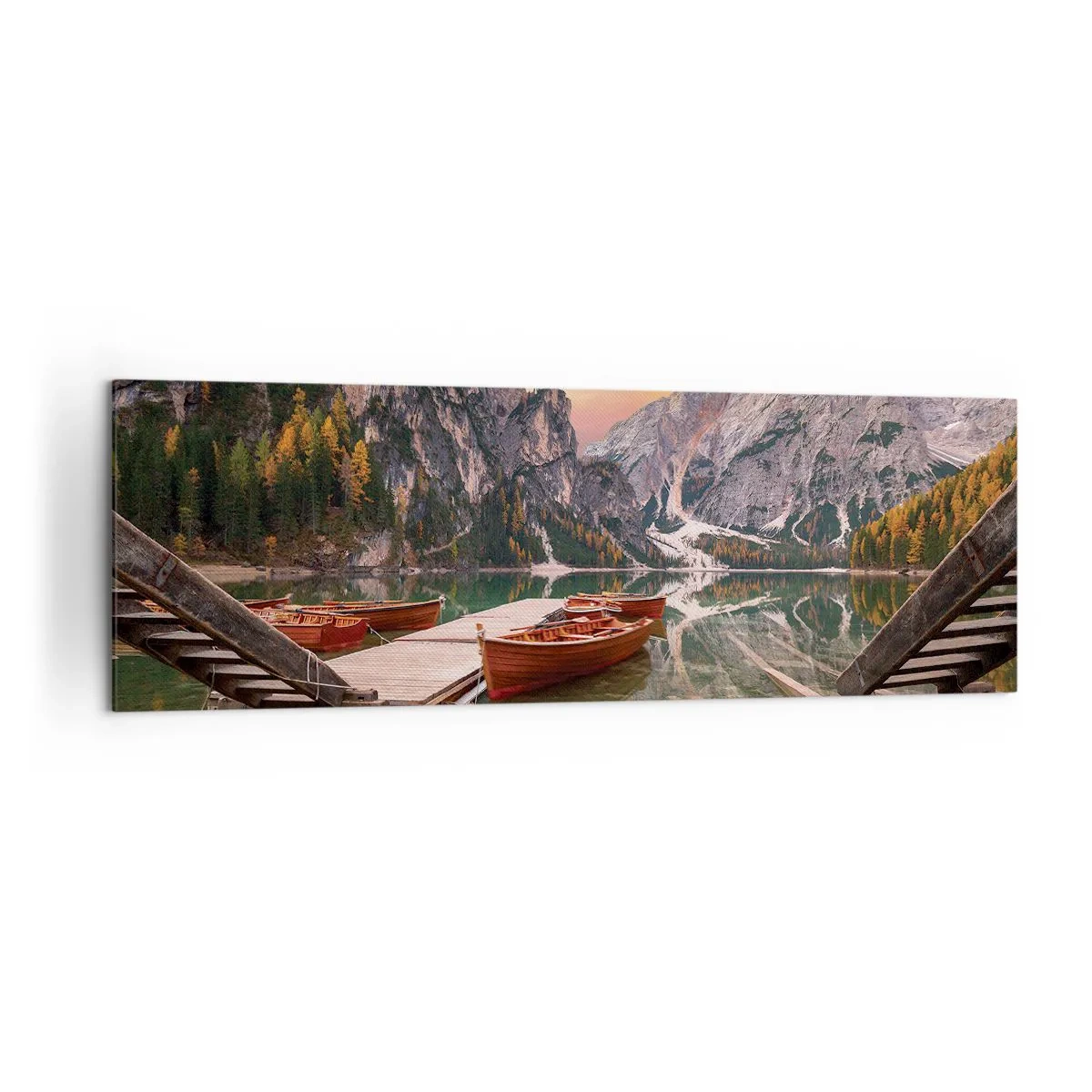 Bild auf Leinwand - Leinwandbild - Bergsee mit Booten bei Sonnenuntergang - 160x50cm - Versprechen des Tages - Moderne Wanddekoration für Wohnzimmer und Schlafzimmer ARTTOR