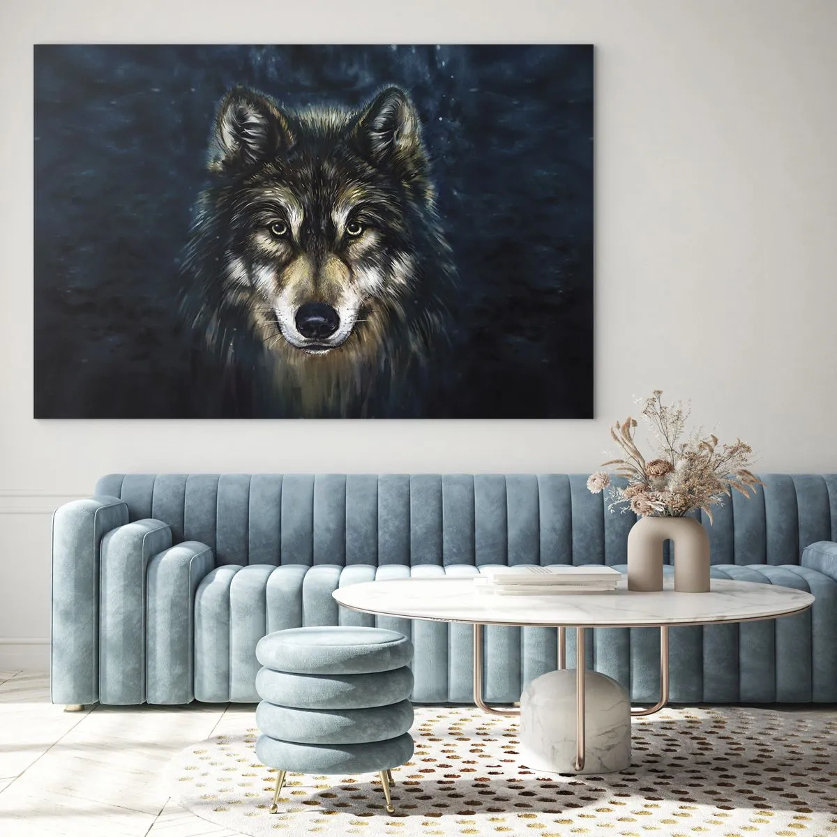 Glasbild - Bild auf glas - Ein Wolf vor einem dunklen Waldhintergrund im realistischen Stil. - 70x50cm - Alpha? Und Omega - Moderne Wanddekoration für Wohnzimmer und Schlafzimmer ARTTOR