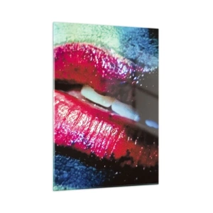 Glasbild - Bild auf glas - Rote Lippen vor einem Hintergrund intensiver Farben - 50x70cm - Sinnlich und verstörend - Moderne Wanddekoration für Wohnzimmer und Schlafzimmer ARTTOR