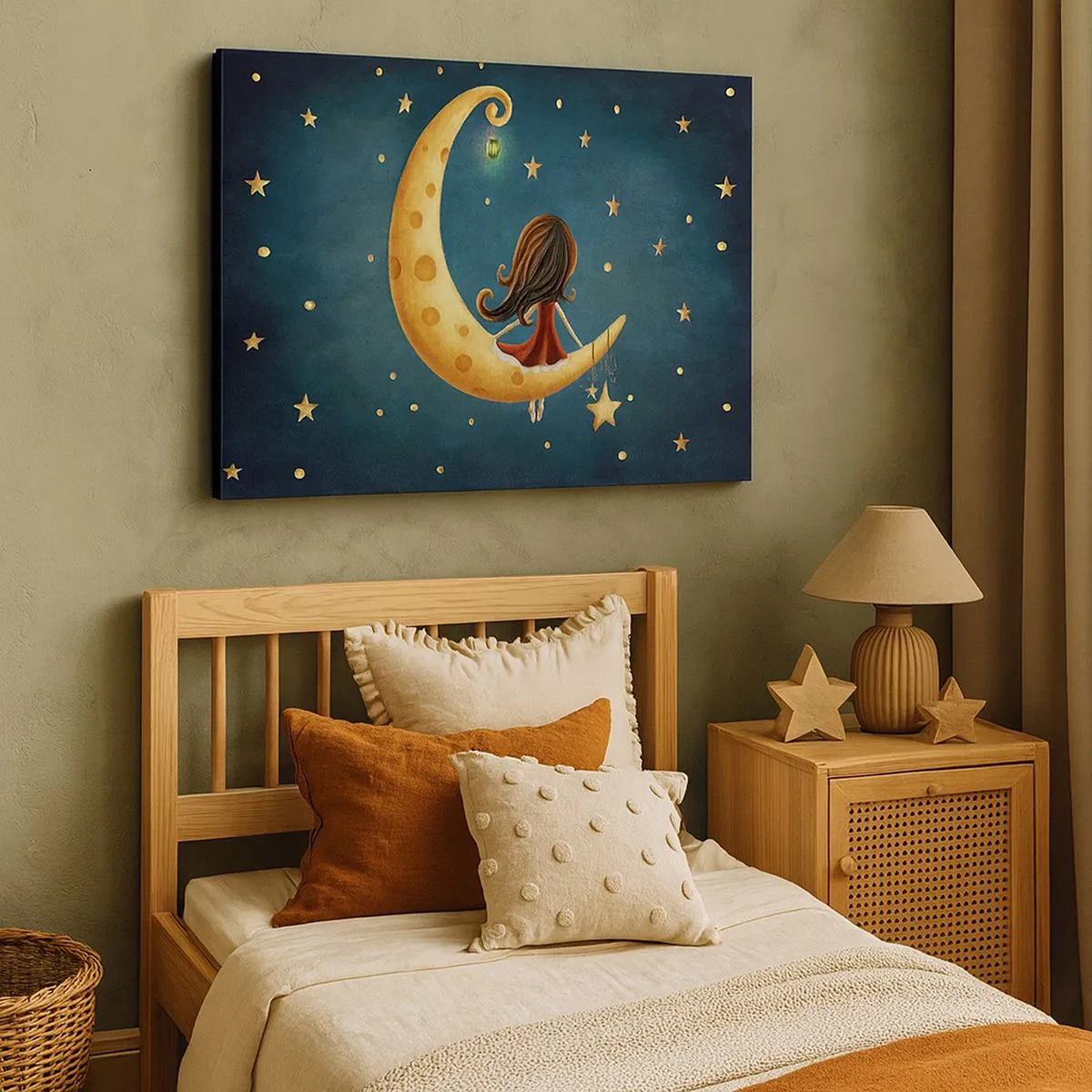 Bild auf Leinwand - Leinwandbild - Ein Mädchen auf dem Mond, umgeben von Sternen - 70x50cm - Einmal… - Moderne Wanddekoration für Wohnzimmer und Schlafzimmer ARTTOR