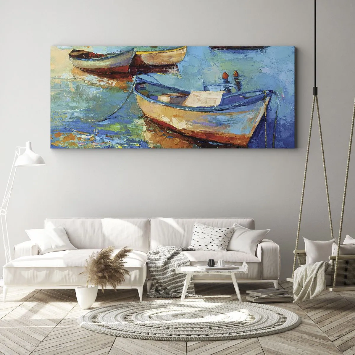 Bild auf Leinwand - Leinwandbild - Bunte Boote vertäut auf ruhigem Wasser - 160x50cm - In der südlichen Bucht - Moderne Wanddekoration für Wohnzimmer und Schlafzimmer ARTTOR