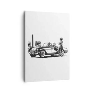 Bild auf Leinwand - Leinwandbild - Eine schwarz-weiße Retro-Szene mit einem Auto und einer Kellnerin auf Rollschuhen. - 50x70cm - 60. - unbeschwertes Amerika - Moderne Wanddekoration für Wohnzimmer und Schlafzimmer ARTTOR