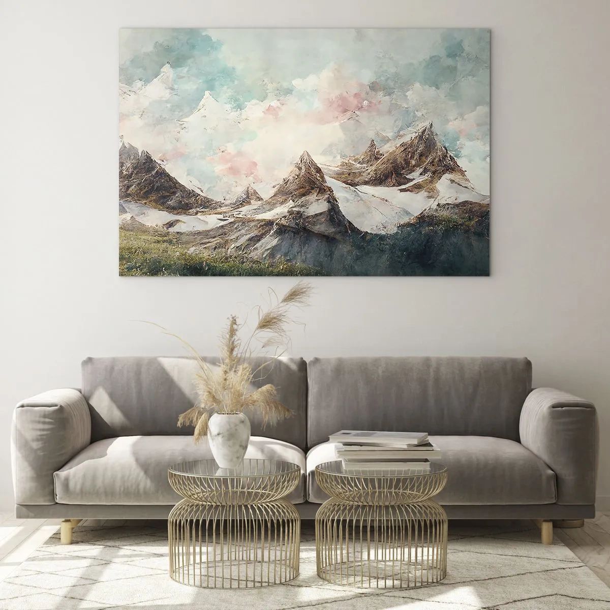 Glasbild - Bild auf glas - Malerische Berggipfel mit pastellfarbenem Himmel - 120x80cm - Felsklingen - Moderne Wanddekoration für Wohnzimmer und Schlafzimmer ARTTOR