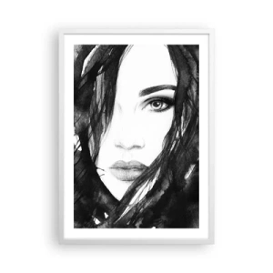 Poster in einem weißen Rahmen - Porträt einer Dame in Schwarzweiß - 50x70 cm