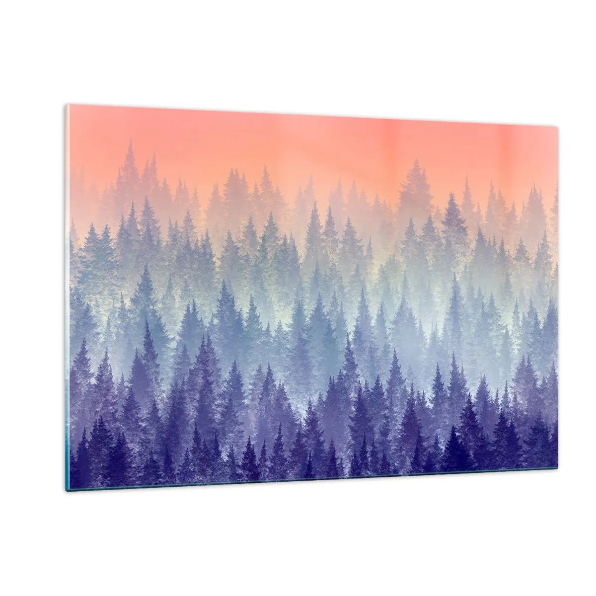 Glasbild - Bild auf glas - Geheimnisvoller Nadelwald in Pastelltönen des Morgens - 120x80cm - Hoch, höher, zum Himmel - Moderne Wanddekoration für Wohnzimmer und Schlafzimmer ARTTOR