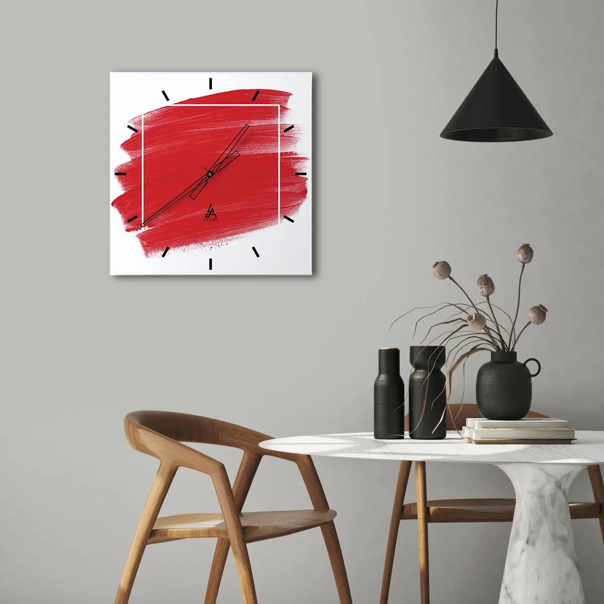 Wanduhr - Glasuhr - Roter Pinselstrich mit weißem Rand - 30x30cm - Aus dem Rahmen - Moderne Wanddekoration für Wohnzimmer und Schlafzimmer ARTTOR