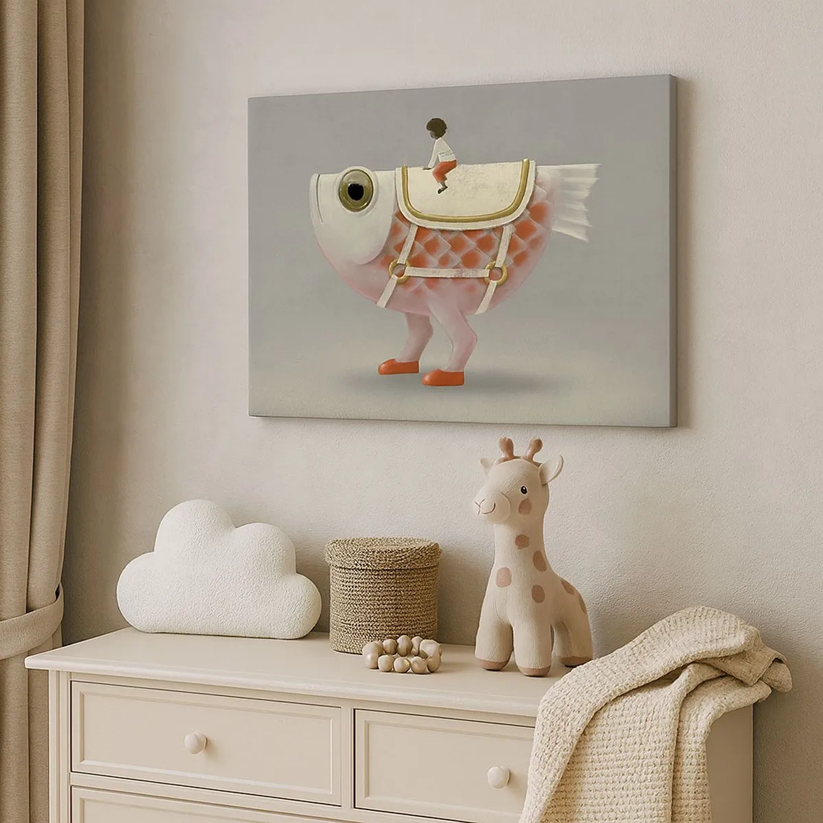 Bild auf Leinwand - Leinwandbild - Ein schicker Fischreiter mit Beinen und Sattel - 70x50cm - Reiter auf einem surrealen Fisch - Moderne Wanddekoration für Wohnzimmer und Schlafzimmer ARTTOR