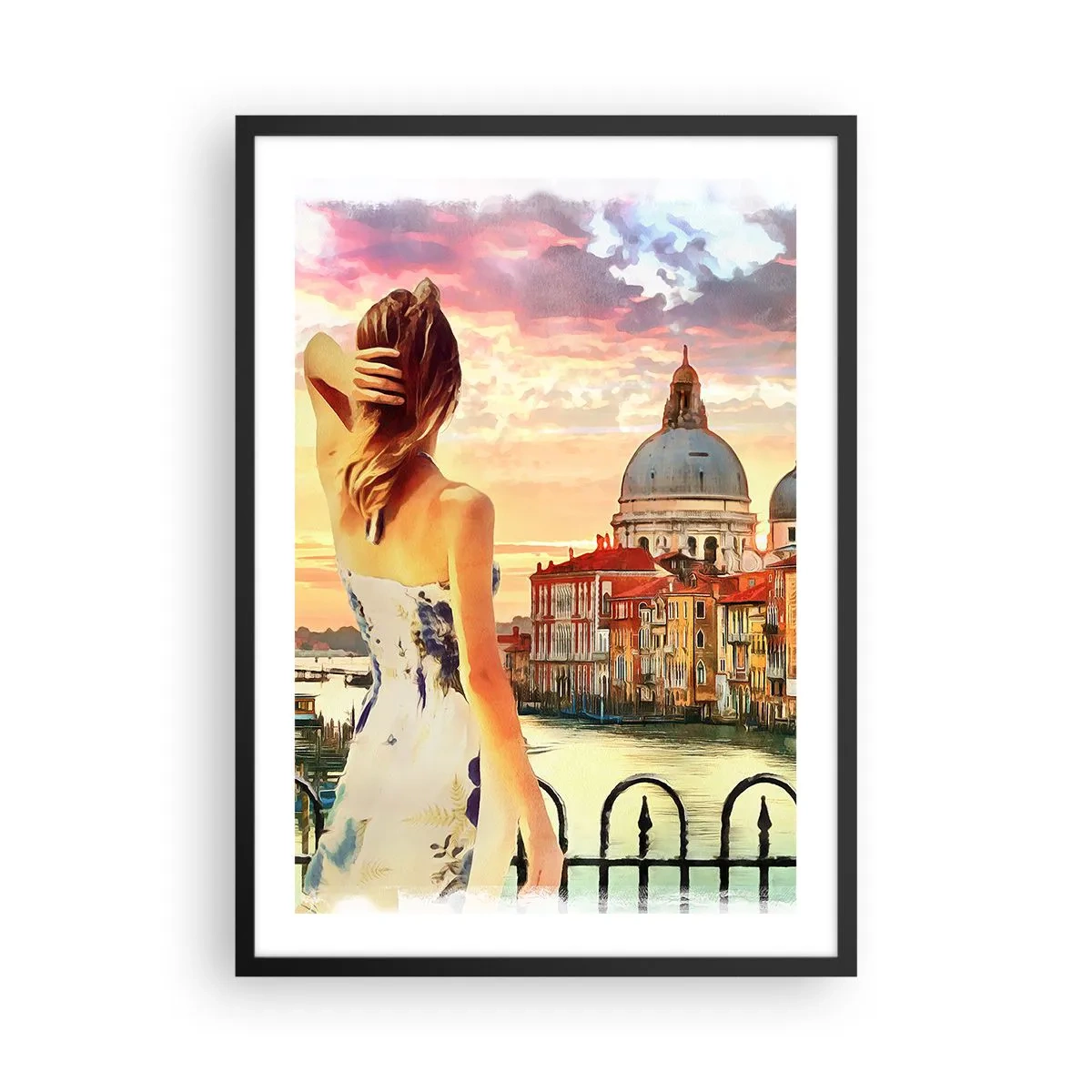 Poster in einem schwarzem Rahmen - Eine Frau bewundert den Blick auf eine historische Stadt bei Sonnenuntergang - 50x70cm - Als Abenteuer nur in ... - Moderne Wanddekoration für Wohnzimmer und Schlafzimmer ARTTOR