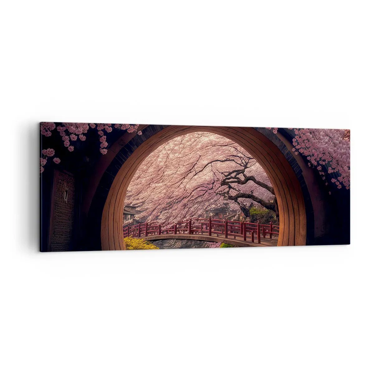 Bild auf Leinwand - Leinwandbild - Eine traditionelle japanische Brücke, umgeben von Kirschblüten - 140x50cm - Japanischer Frühling - Moderne Wanddekoration für Wohnzimmer und Schlafzimmer ARTTOR