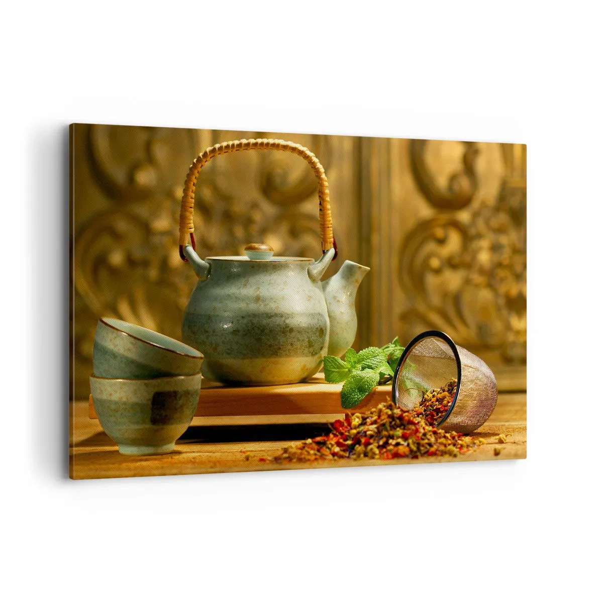 Bild auf Leinwand - Leinwandbild - Keramikkrug mit Tassen und getrocknetem Tee - 120x80cm - Abhandlung über das Teetrinken - Moderne Wanddekoration für Wohnzimmer und Schlafzimmer ARTTOR
