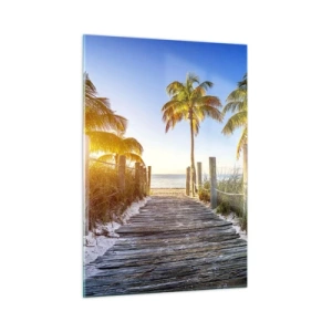 Glasbild - Bild auf glas - Holzweg am Strand, umgeben von Palmen - 50x70cm - Direkt ins Paradies - Moderne Wanddekoration für Wohnzimmer und Schlafzimmer ARTTOR