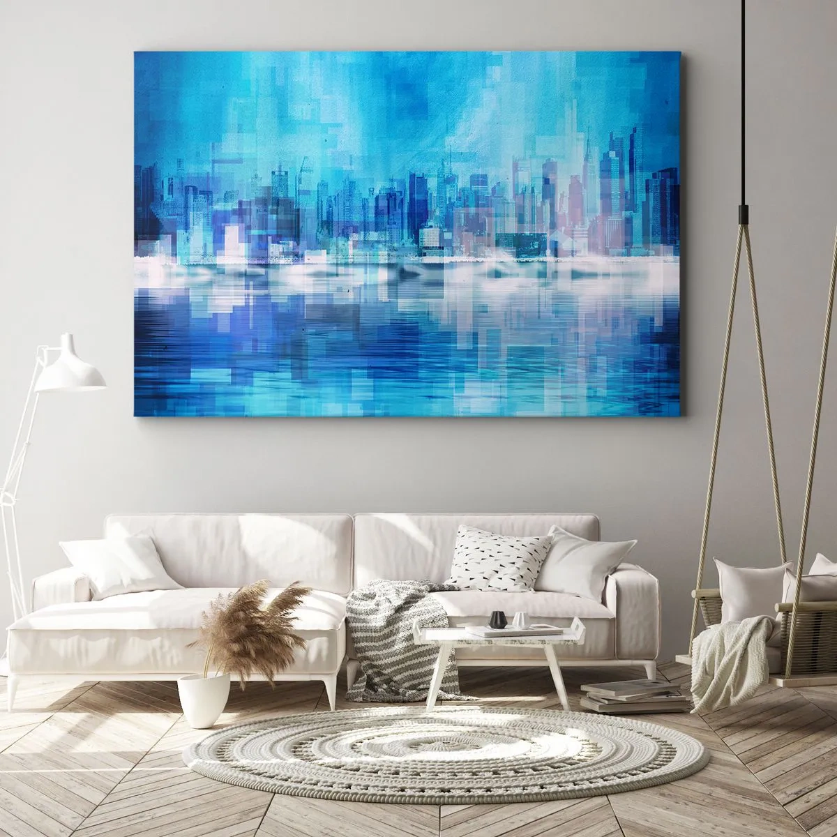 Bild auf Leinwand - Leinwandbild - Abstraktes Stadtpanorama in Blautönen - 100x70cm - In Blau ertrunken - Moderne Wanddekoration für Wohnzimmer und Schlafzimmer ARTTOR