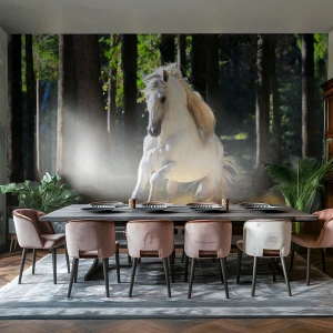 Fototapete Premium Canvas - Ein weißes Pferd galoppiert durch eine Waldlichtung - 100x70cm - Wie aus einem Fantasy-Roman - Moderne Wanddekoration für Wohnzimmer und Schlafzimmer ARTTOR