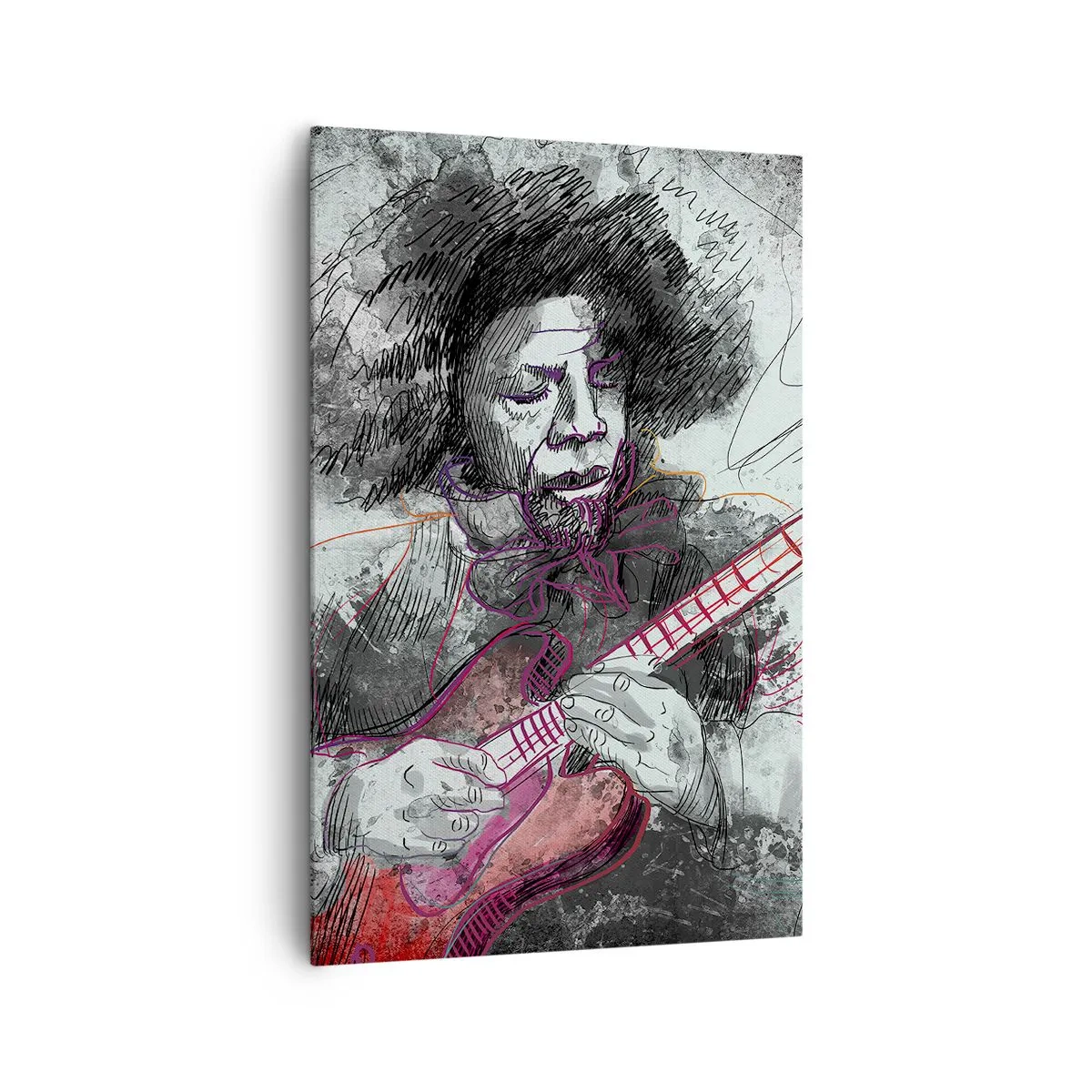 Bild auf Leinwand - Leinwandbild - Künstlerisches Portrait eines Gitarristen in der Skizzentechnik - 80x120cm - Auf den Wellen der Musik - Moderne Wanddekoration für Wohnzimmer und Schlafzimmer ARTTOR