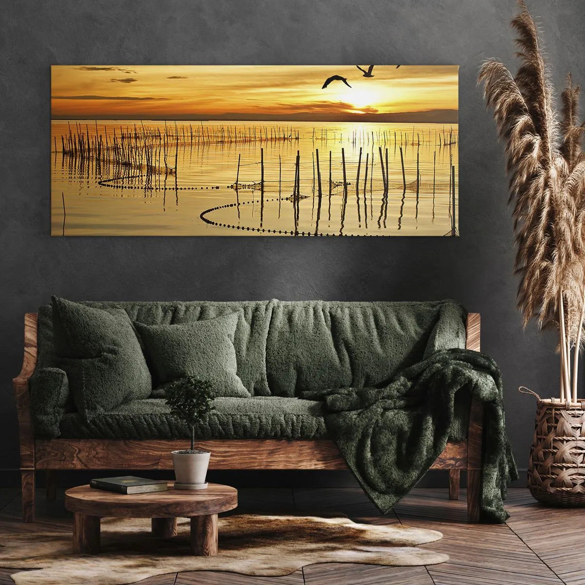 Bild auf Leinwand - Leinwandbild - Sonnenuntergang über dem Wasser mit Vögeln im Flug - 160x50cm - In der Fischerei - Moderne Wanddekoration für Wohnzimmer und Schlafzimmer ARTTOR